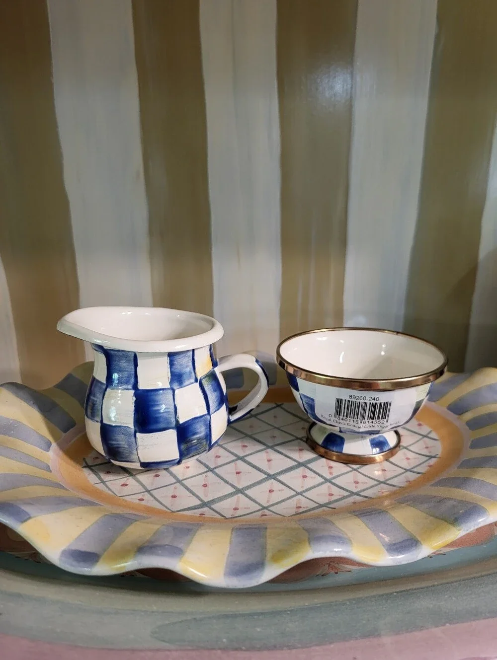 Mackenzie Childs Royal Check Creamer And Sugar Bowl